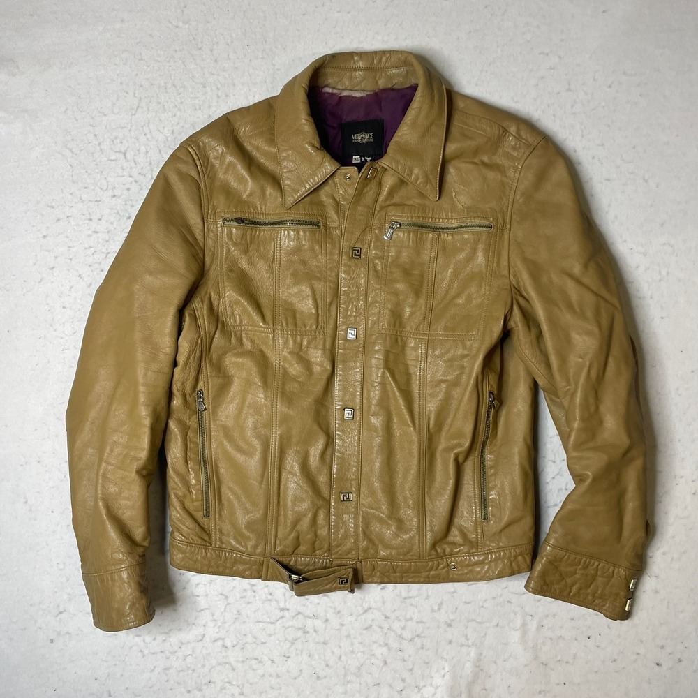 VTG Versace Jeans Couture Leather Jacket Mens XL Tan Vintage Made Italy Medusa